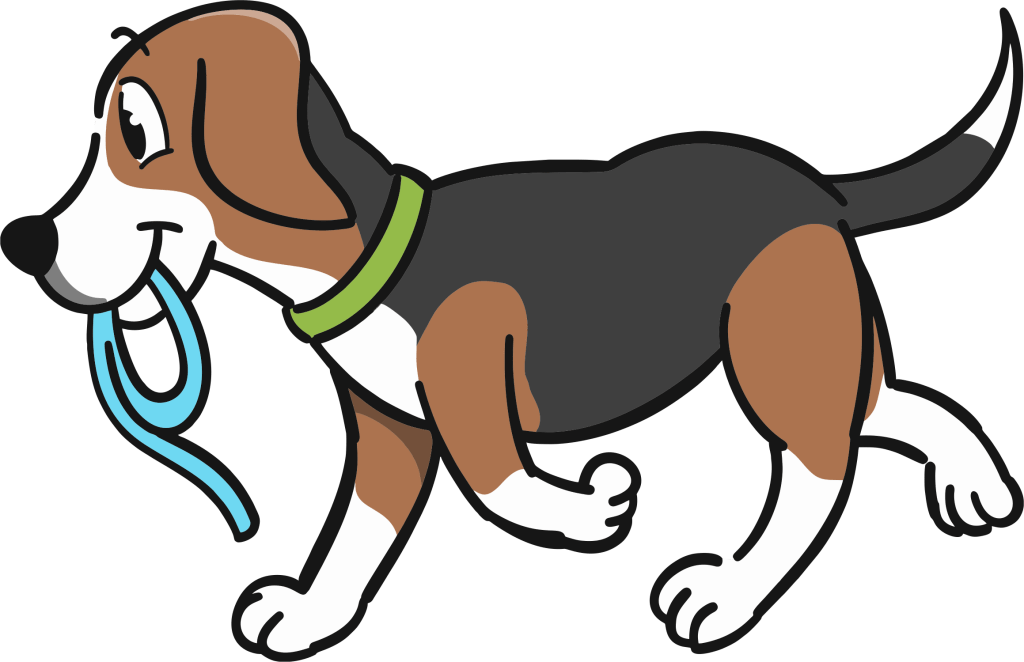 A cartoon beagle holds a leash while walking